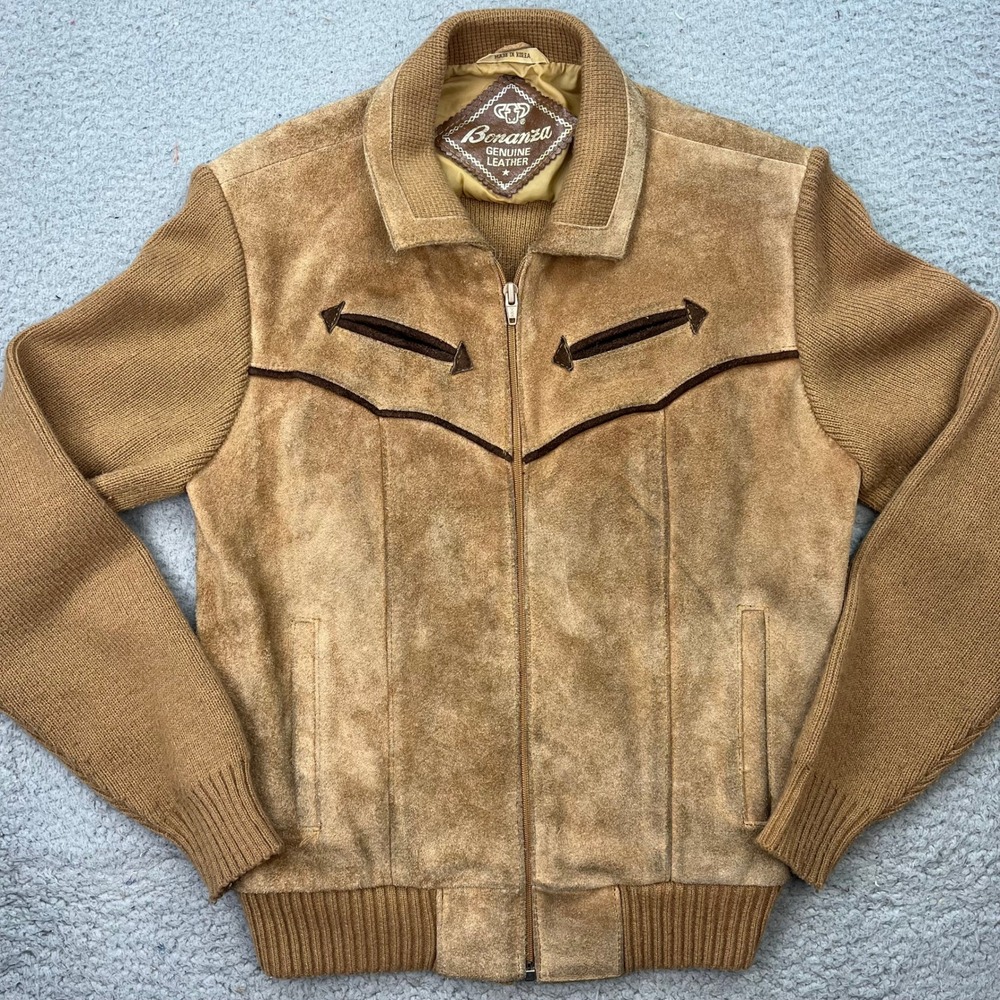 Vintage Bonanza Western Jacket Womens L Brown Suede Leather Knit Zip Up Coat